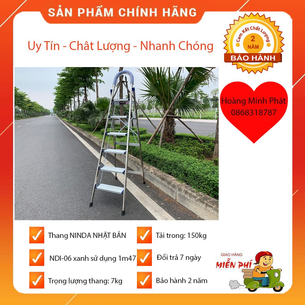 THANG NHÔM GHẾ NHẬT BẢN NINDA 6 BẬC XANH. Bảo hành 2 năm. Chiều cao sử dụng : 147 cm