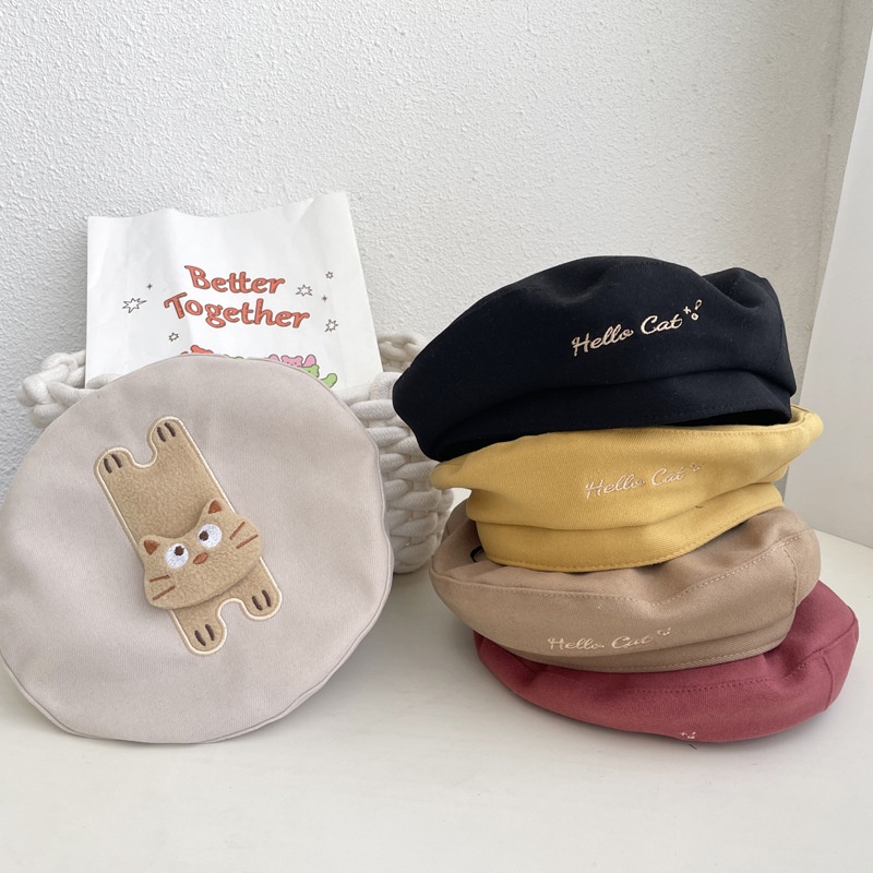 Mũ Beret Thêu Chữ / Mèo 3D Dễ Thương Phong Cách Hàn Quốc Cho Bé Trai