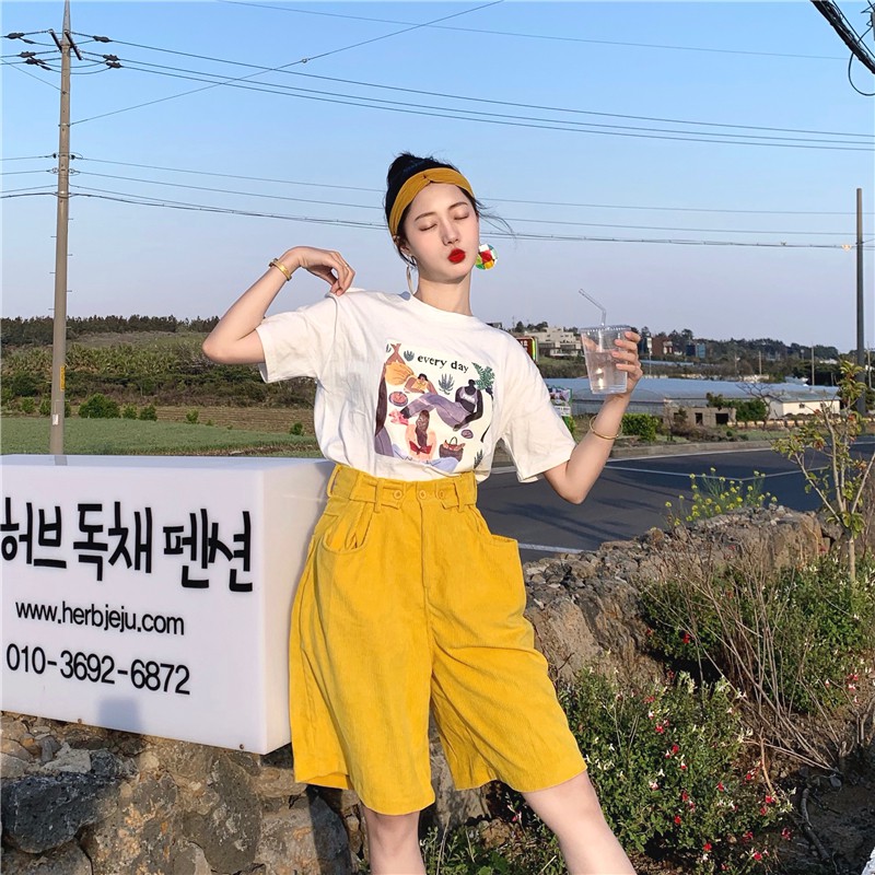 (ORDER) Quần shorts nữ ống lửng nhung tăm nhiều màu cạp cao style retro cá tính Hàn Quốc