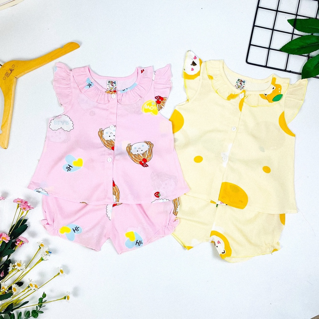 Bộ quần áo vải tôn  mẫu sát nách lai bèo tròn mềm - mịn - mát cho bé gái Megauu M099