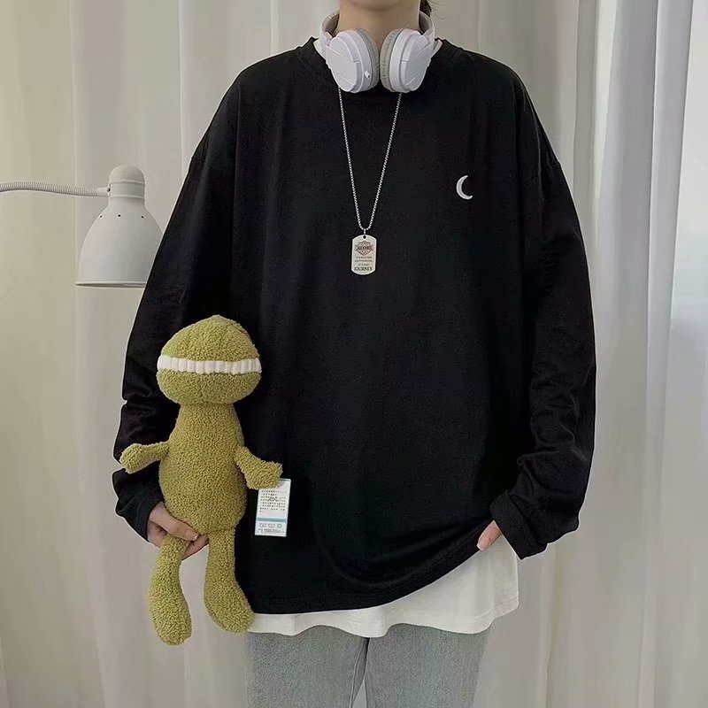 Áo Thun Nam Tay Dài Unisex Form Rộng - TTD27 Vwill - Chất Cotton Mềm Mát - Oversize &lt; 75kg -Áo thun dài tay cổ tròn thời trang in hình mặt trăng nhỏ