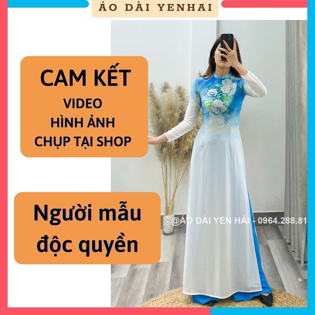 Áo dài truyền thống in hoạ tiết hoa nổi nền xanh trẻ trung | D209