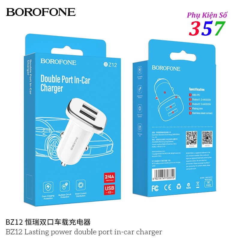 Sạc xe hơi Borofone BZ12 có 2 cổng USB