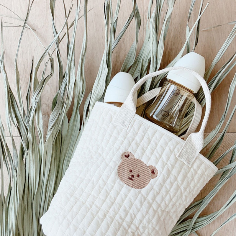 Túi Tote Vải Cotton Mềm Thêu Hình Hoa Tulip Màu Be Gắn Xe Đẩy Em Bé