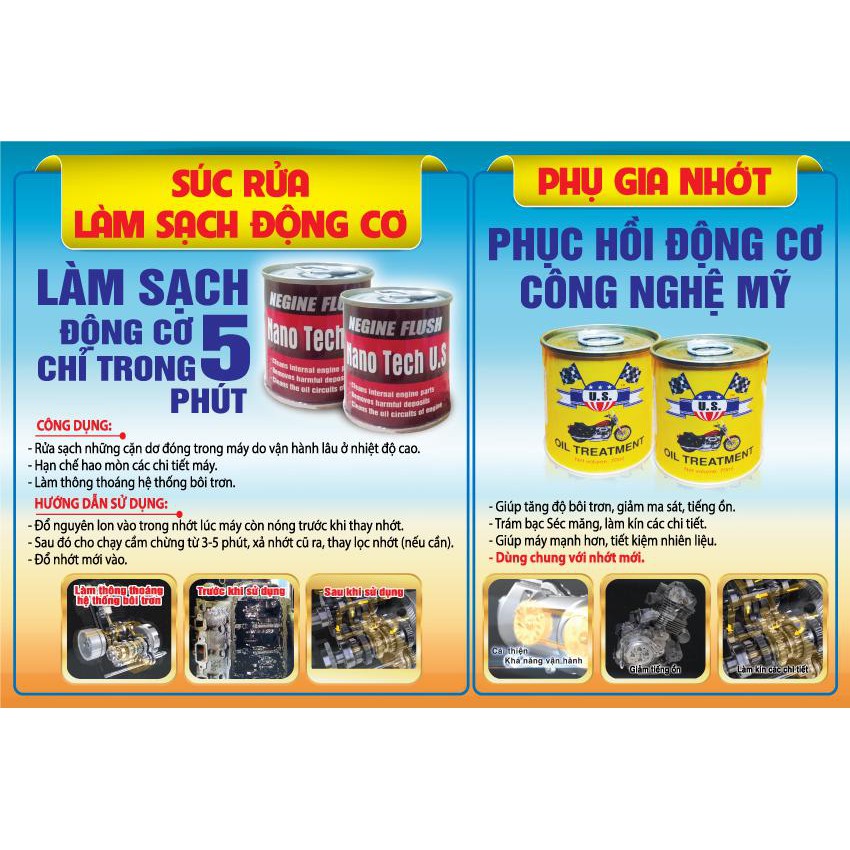 Súc động cơ và phụ gia nhớt xe máy us