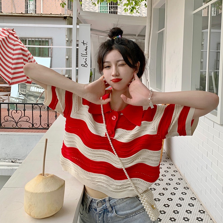 Áo thun polo ZHELIHANGFEI vải dệt kim tay ngắn họa tiết kẻ sọc màu sắc tương phản cá tính