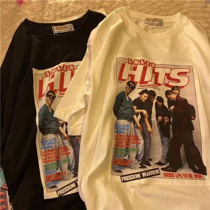 Áo Thun Ngắn Tay Cổ Tròn Dáng Rộng In Hình Phong Cách Retro Mỹ Giản Dị Dành Cho Nữ Và Nam