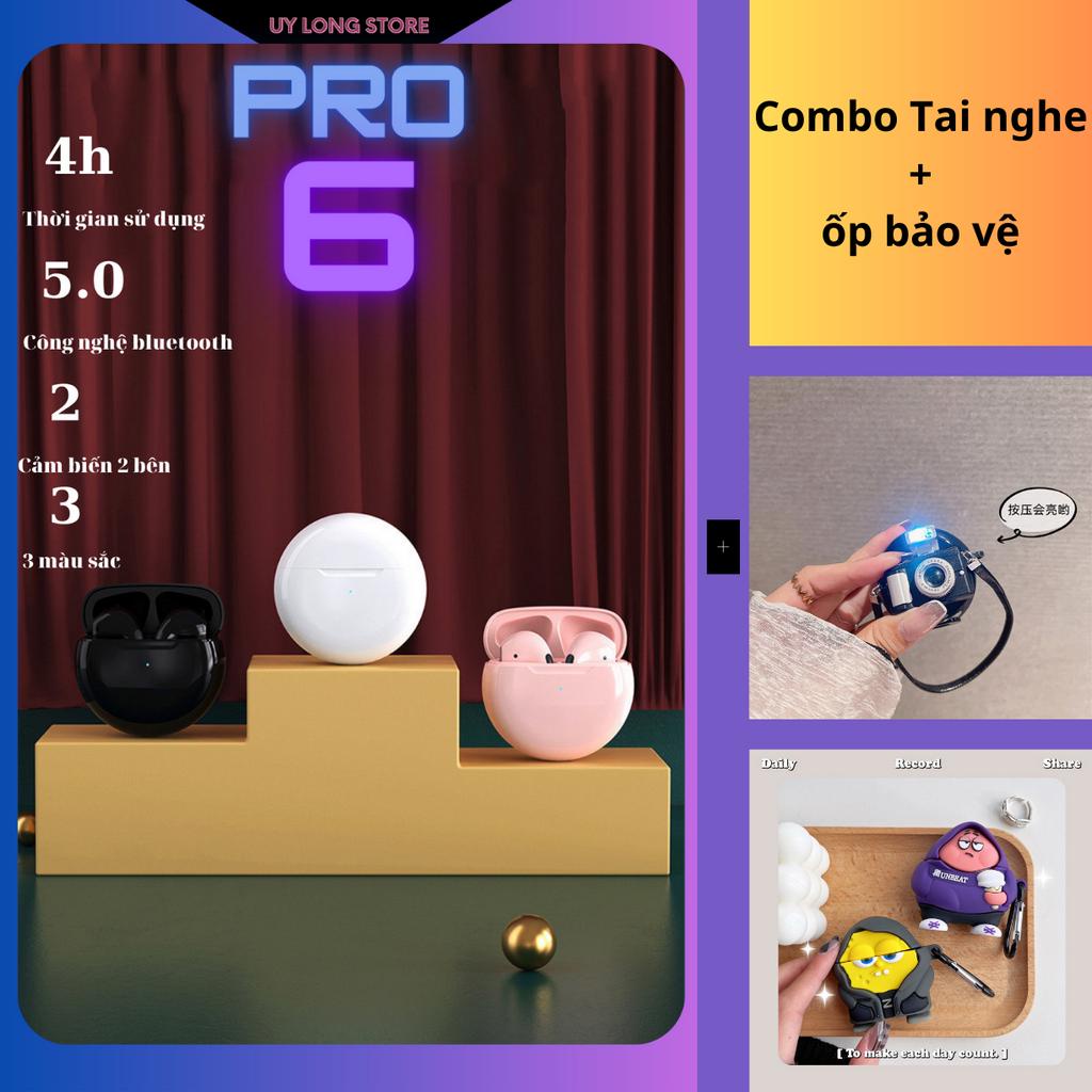 Combo tai nghe bluetooth Không Dây Pro 6 TWS & vỏ bảo vệ hộp sạc đa phong cách - Cảm Biến,Định Vị, Đổi Tên - 3Màu