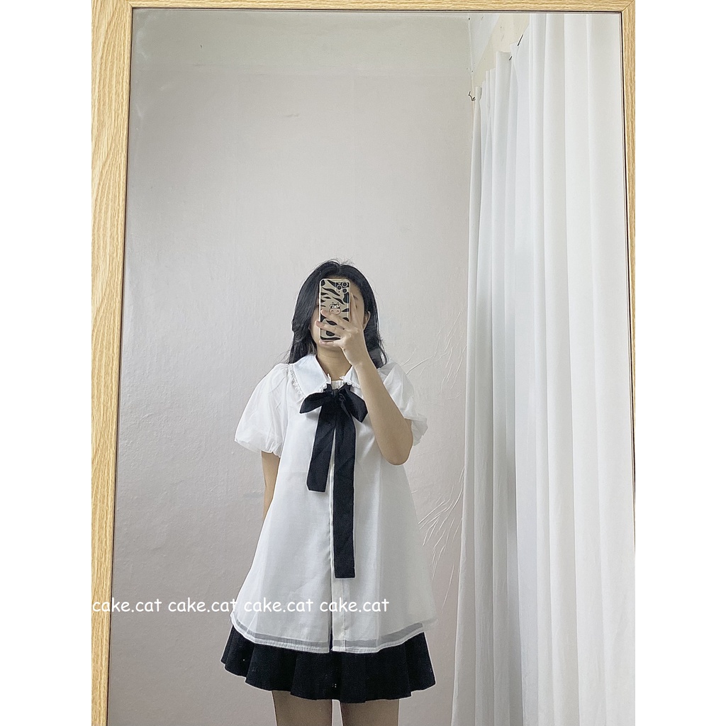 Áo Babydoll Voan Nơ Đen Tay Bồng Lót Lụa Cổ Xinh