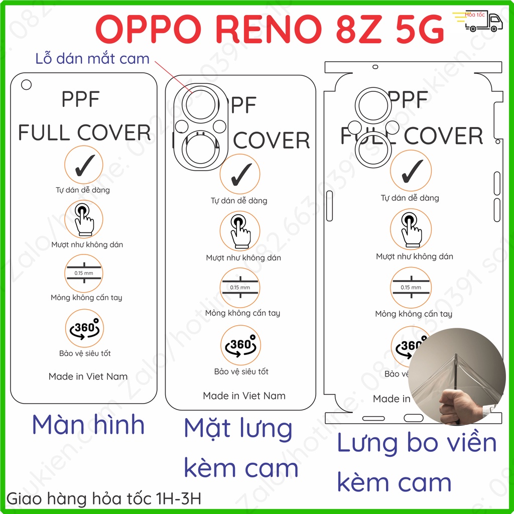 Dán PPF Oppo Reno 8z 5G  loại trong, nhám dành cho màn hình, mặt lưng, full viền