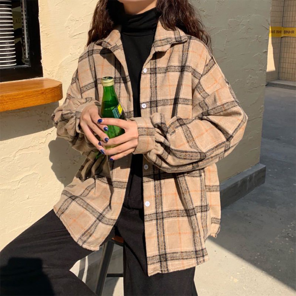 Áo sơ mi tay dài phối nút hoạ tiết ca rô phong cách hàn quốc có size 5xl