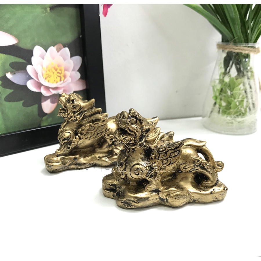 Cặp 2 Tượng Đá Tỳ Hưu Phong Thủy - Cao 5.5cm - Màu Nhũ Vàng - Size Nhỏ