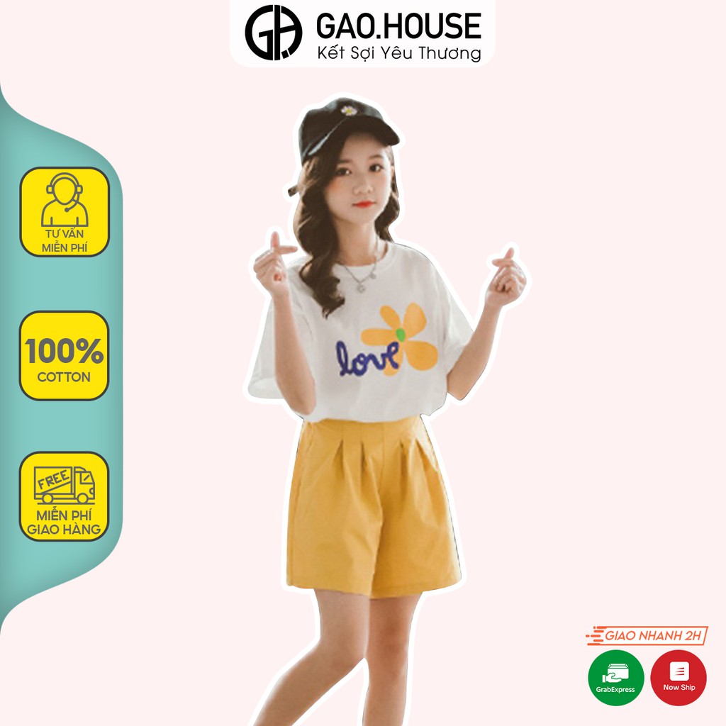 Bộ quần áo thun cộc tay Gạo House cotton 4 chiều cổ tròn Bông hoa love cho bé gái [T19]