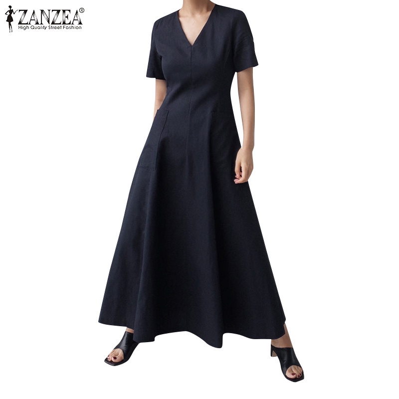 Đầm ZANZEA dáng dài ngắn tay cổ V dễ phối đồ thời trang thường ngày cho nữ