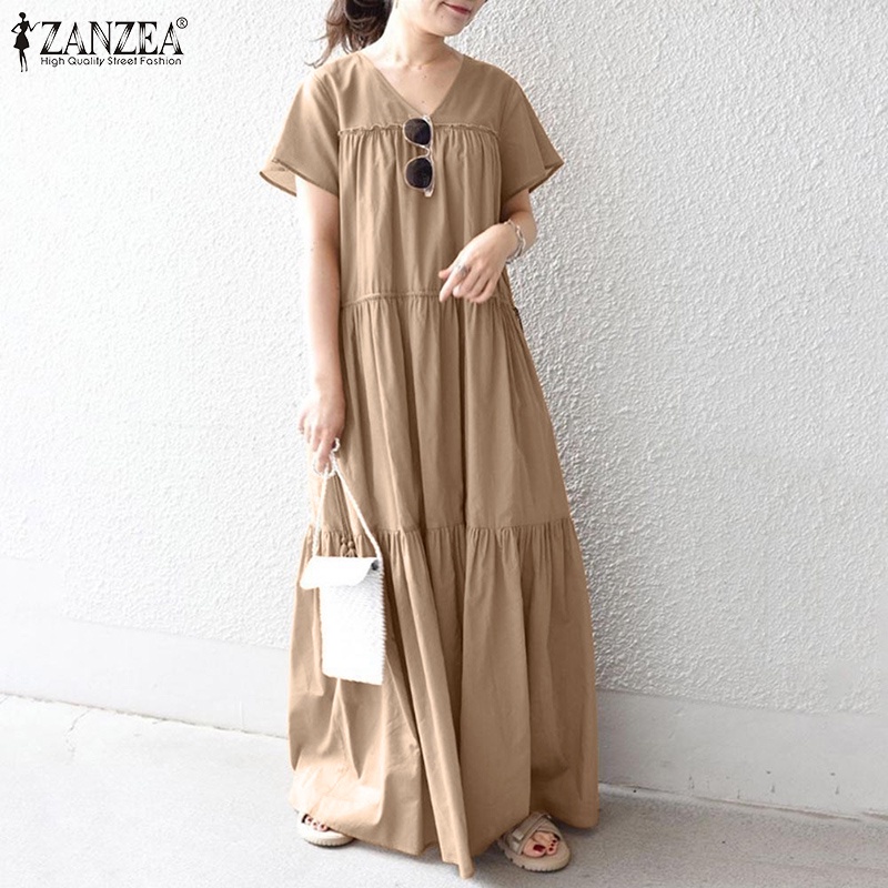 Đầm dài Zanzea cổ chữ v tay ngắn màu trơn thời trang phong cách Hàn Quốc cho nữ