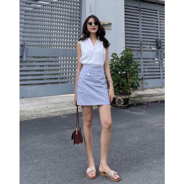 Váy A nút chấm bi xanh Ellyclothing