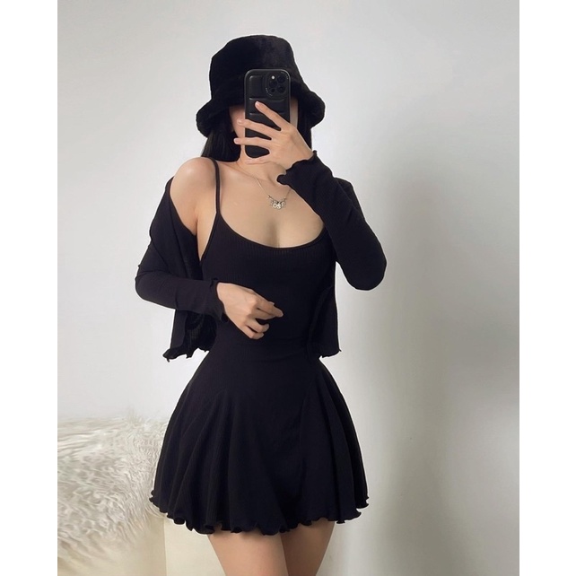 (New arrival) Đầm 2 dây thun gân xoè basic kèm áo khoác cardigan cực sexy và năng động cho bạn nữ mặc dạo phố tiệc tùng