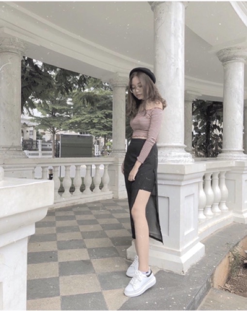 Chân váy đen midi xẻ tè from dài Chiffon Skirt thiết kế độc lạ from chuẩn dễ mix dễ phối đồ