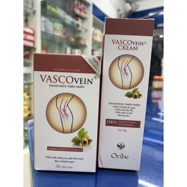 Kem thoa - Viên uống giảm đau, sưng, phù chân, hỗ trợ trong suy giảm tĩnh mạch Vascovein Oribe ( Tuýp 50g - hộp 30 viên)