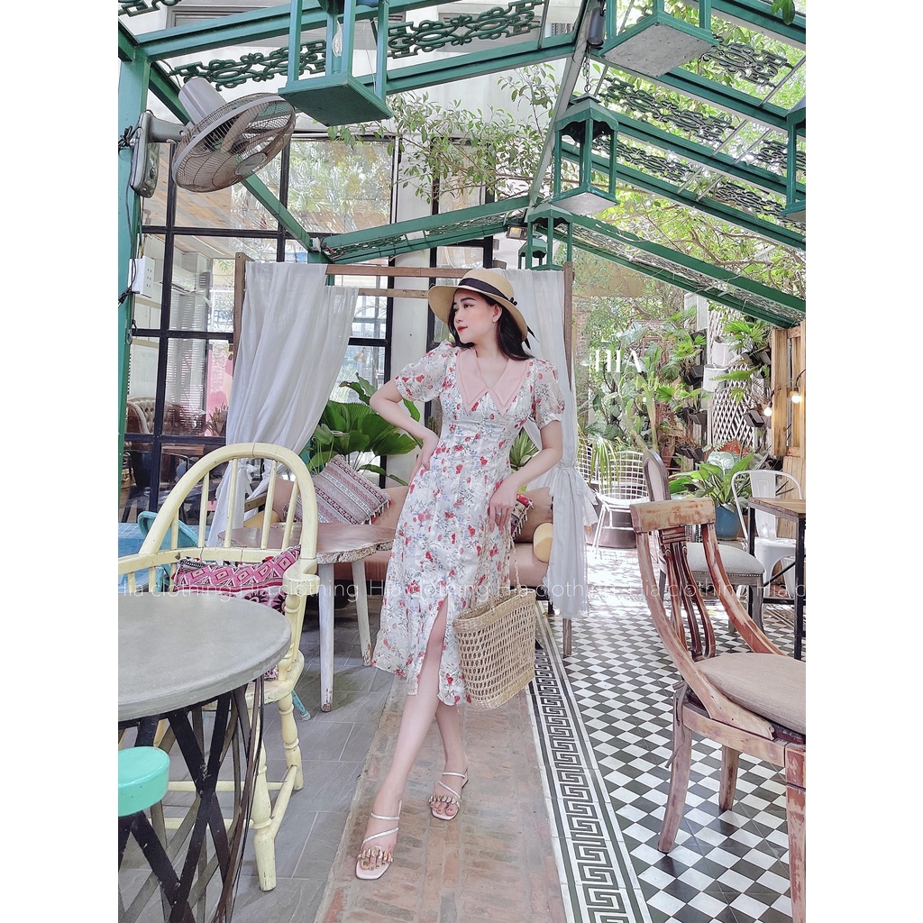 Váy Hoa Tơ Lụa Ép Cao Cấp Phối Cổ Tơ Óng Hàng Thiết Kế V225 | Chất Vải Thoáng Mát, Đi Chơi, Đi Sự Kiện HIA Clothing