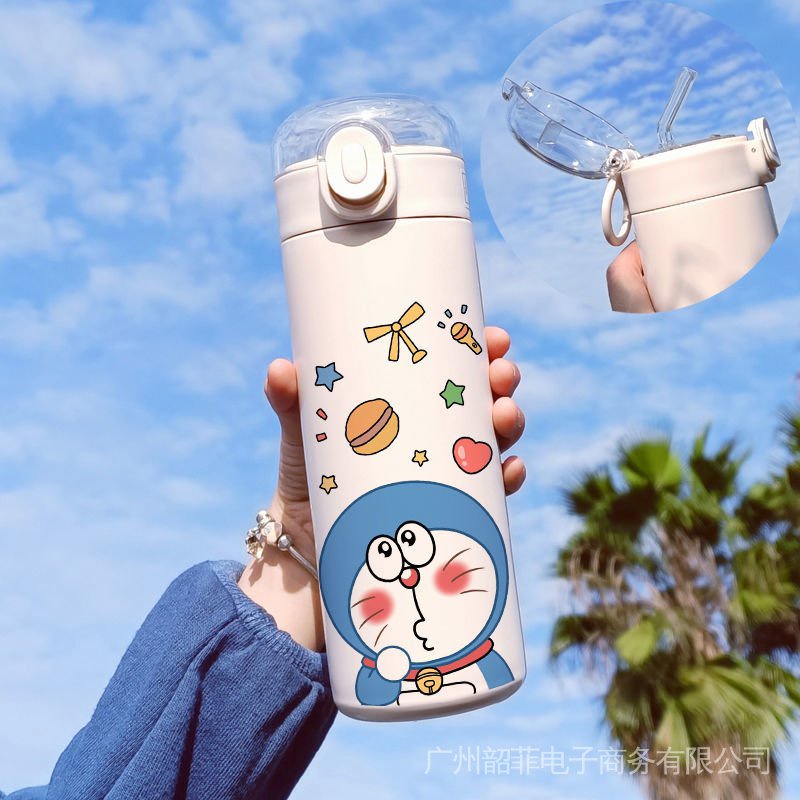 Bình Nước Giữ Nhiệt Có Ống Hút Họa Tiết Hoạt Hình Doraemon Xinh Xắn