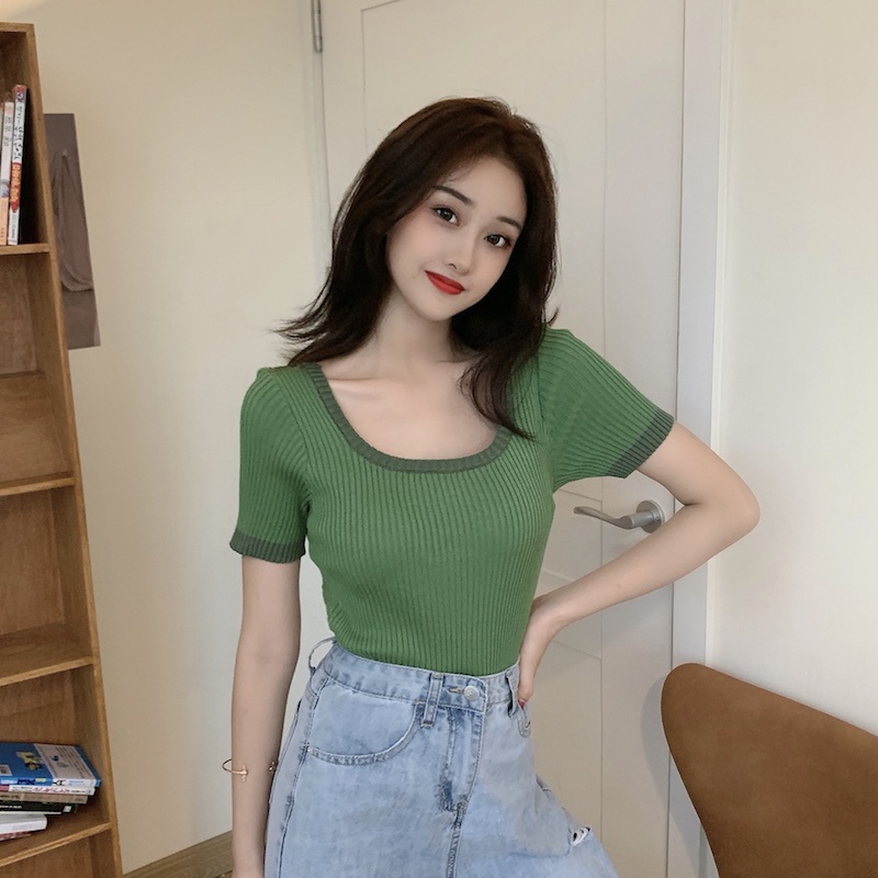 Porozi  Áo thun crop top  tay ngắn cổ vuông eo cao 4 màu lựa chọn phong cách Hàn Quốc cho nữ