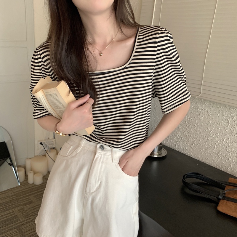 Áo Thun Tay Ngắn Cổ Vuông Dáng Rộng Họa Tiết Kẻ Sọc 51265 Thời Trang Cho Nữ