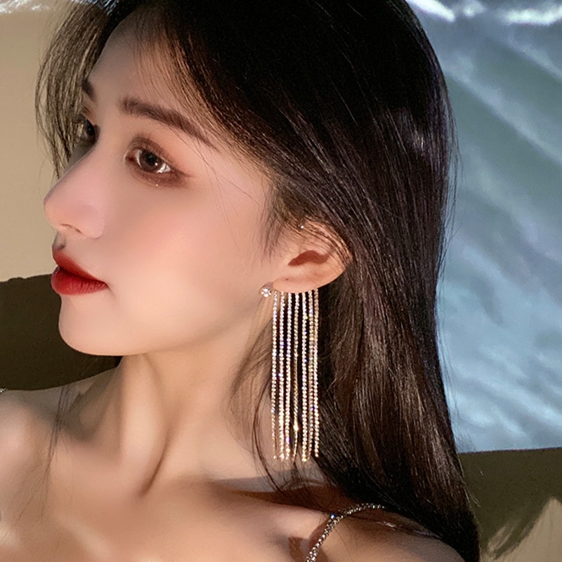 Khuyên Kẹp Vành Tai Dáng Dài Đính Đá Zircon Lấp Lánh Sang Trọng Thời Trang Cho Nữ