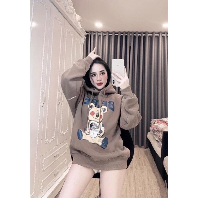 Áo khoác chui đầu hoodie nỉ ngoại có nón tay phồng in gấu unisex ulzzang nam nữ