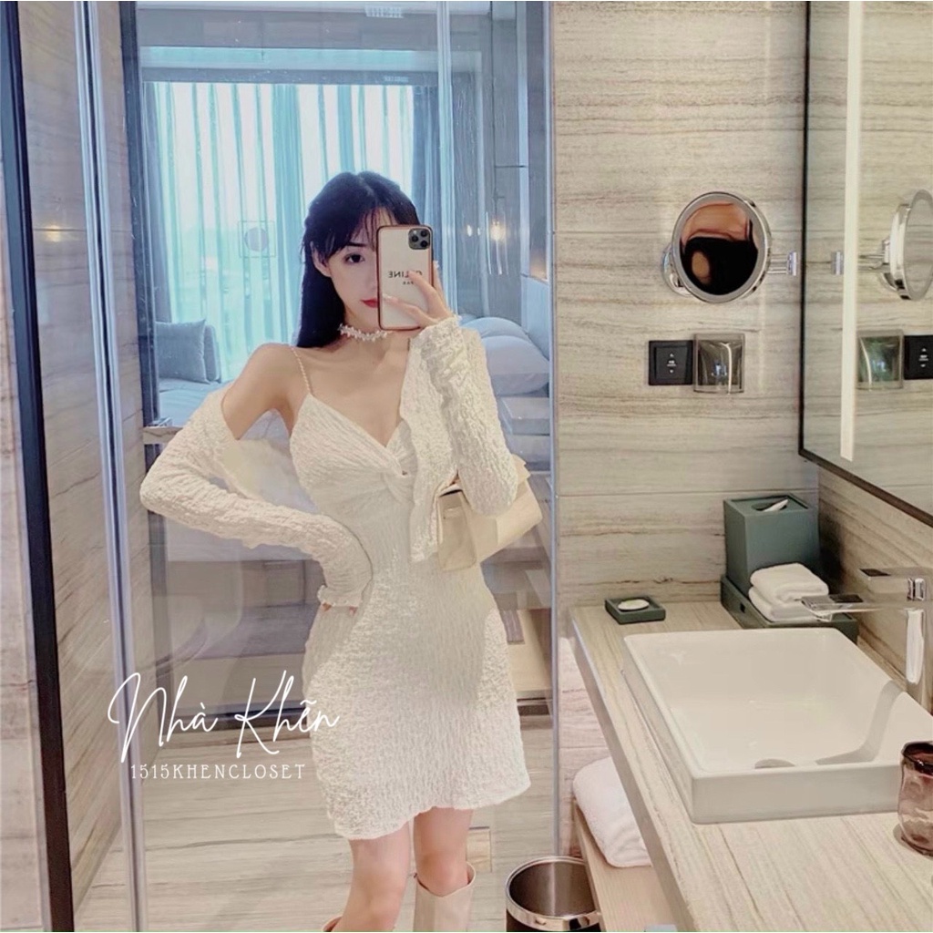 Set trắng đầm 2 dây xoắn ngực kèm áo khoác croptop