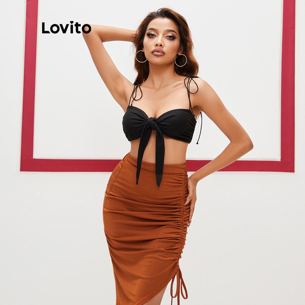 Áo tank top Lovito cổ chữ V cột dây màu trơn sexy L13X060 (Màu đen)