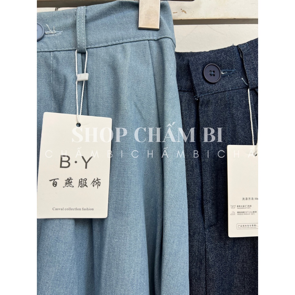 Chân váy jean dáng dài CV.018, Chân váy chun sau cạp khoá cài cúc xếp ly dáng xoè dài cách điệu - Thời trang nữ Chấm Bi