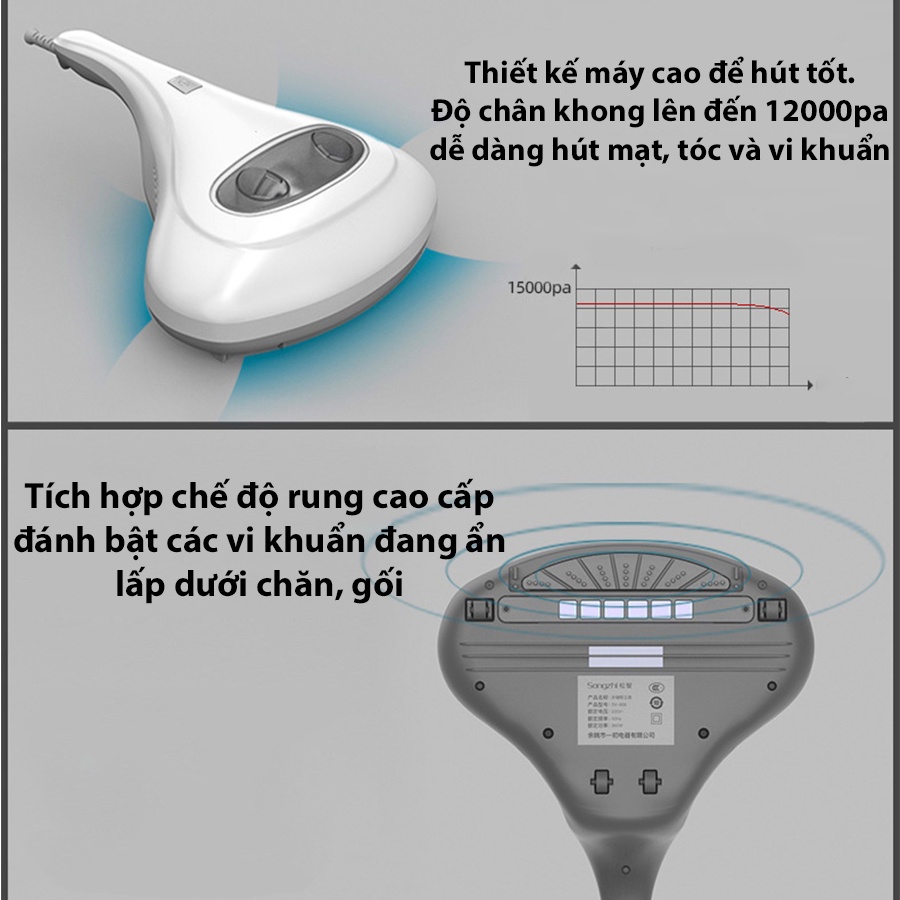 Máy hút bụi chăn ga gối đệm giường Cmbear  chế độ rung Cao cấp - Hàng Chính Hãng lực hút 12000PA diệt khuẩn bằng tia UV