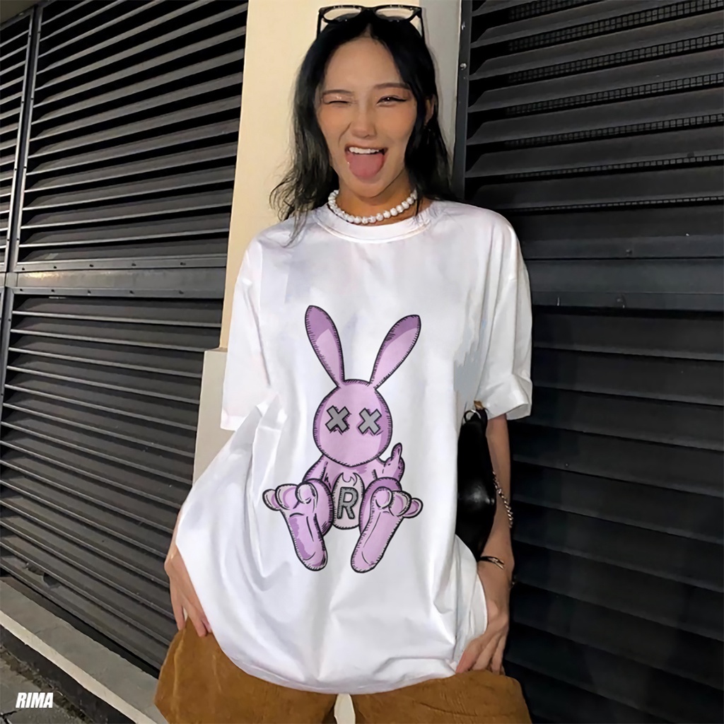 Áo Thun Tay Lở RABBIT Phông Rộng Nam Nữ Unisex Cotton Cao Cấp Đẹp Ngắn Freesize Hình Trắng Đen Xanh Navy Họa Tiết RIMA