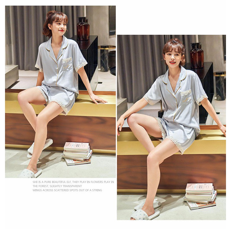 Pijama- Bộ Ngủ Lụa Set Cộc Mặc Nhà Màu Xanh Xám Viền Ren CCLP01