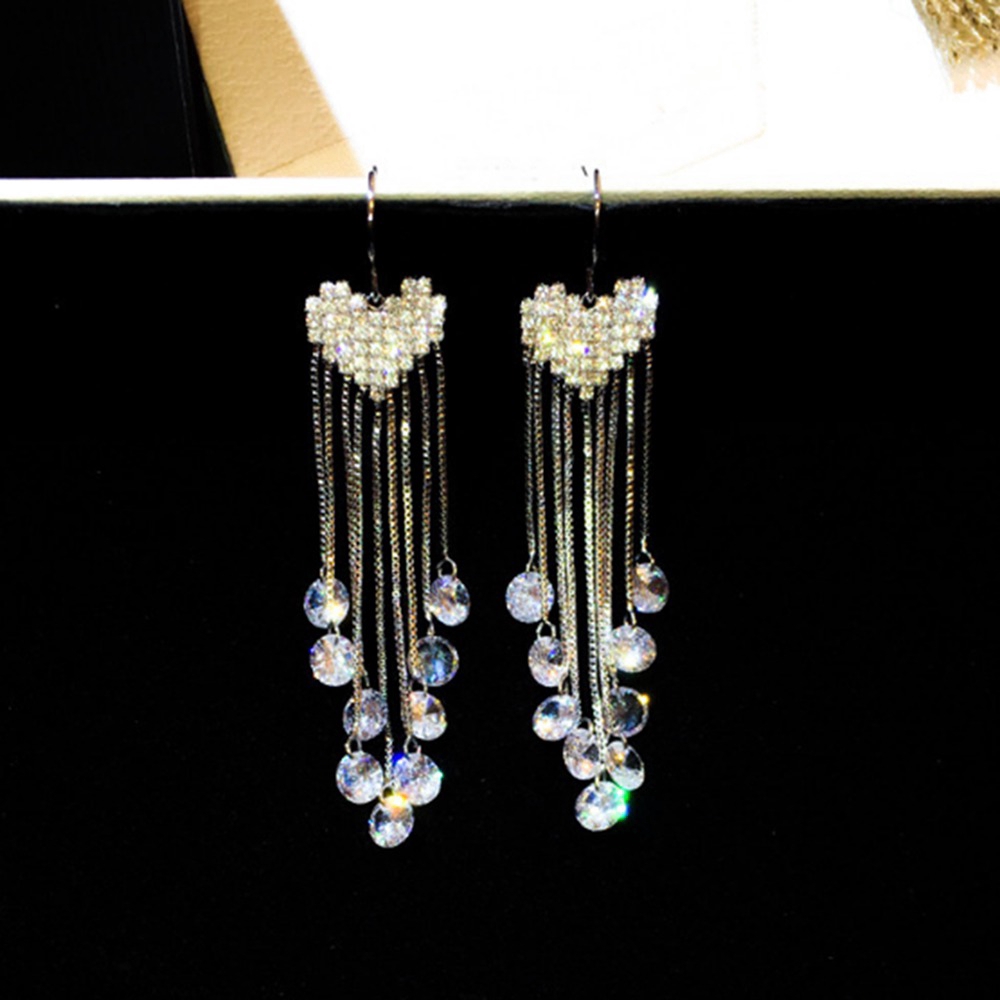 Fashion Women Long Super Flash Diamond Heart Temperament Tassel Earrings Jewelry