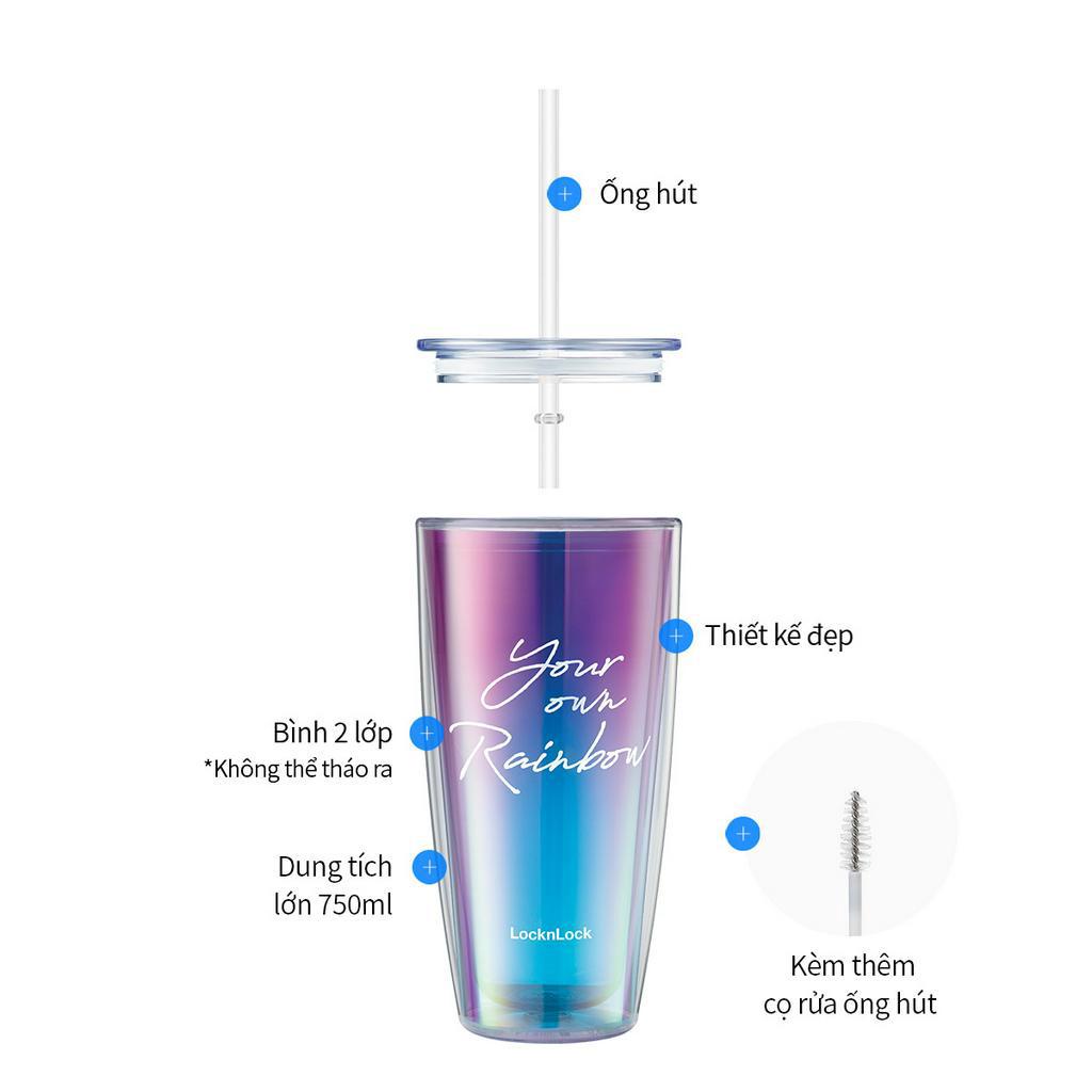 Ly nhựa 2 lớp LocknLock HAP507VOLH - Hàng Chính Hãng màu Violet kèm ống hút Rainbow double wall cold cup HAP507 - K-MALL