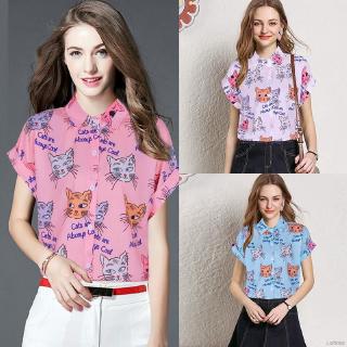 Áo sơ mi cổ trụ ngắn tay in hình mèo thời trang cho nữ
