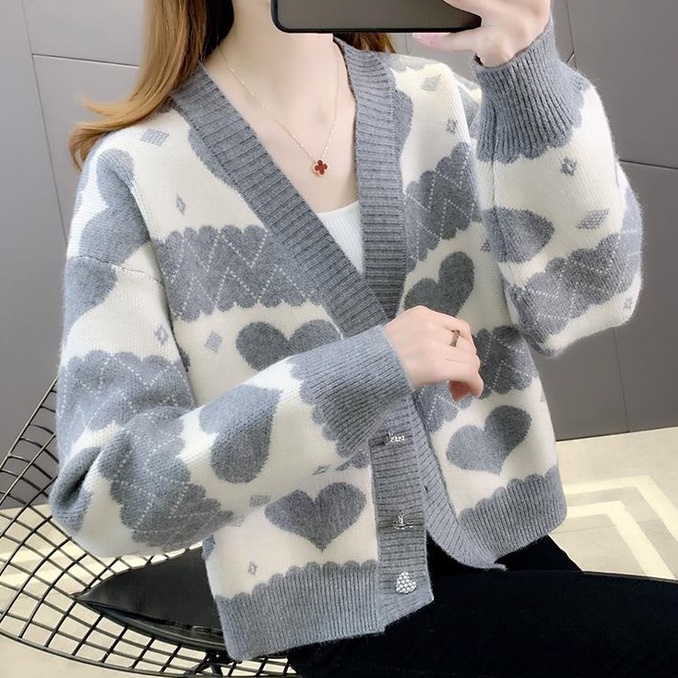 【ZHELIHANGFEI】Áo Cardigan Dệt Kim Tay Dài Cổ Chữ V Dáng Rộng Lưng Cao Dễ Phối Đồ