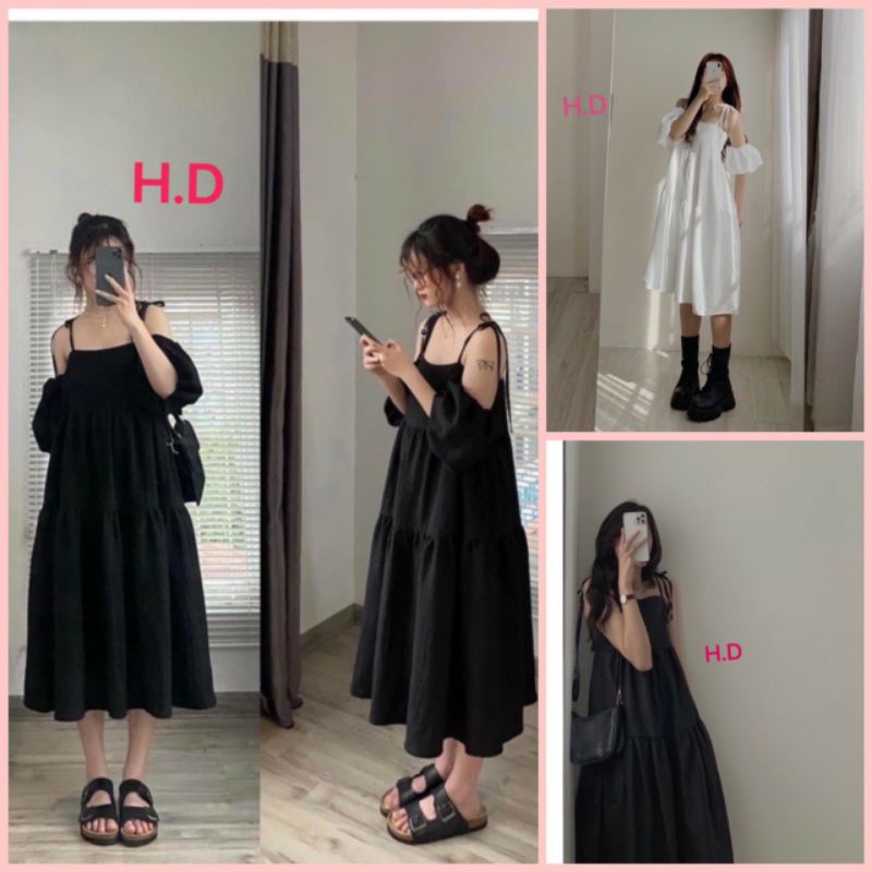Váy hai dây babydoll  2 lớp có tay tháo rời mặc 4 kiểu🎀Đầm Maxi đi biển dáng dài Vintage tiểu thư