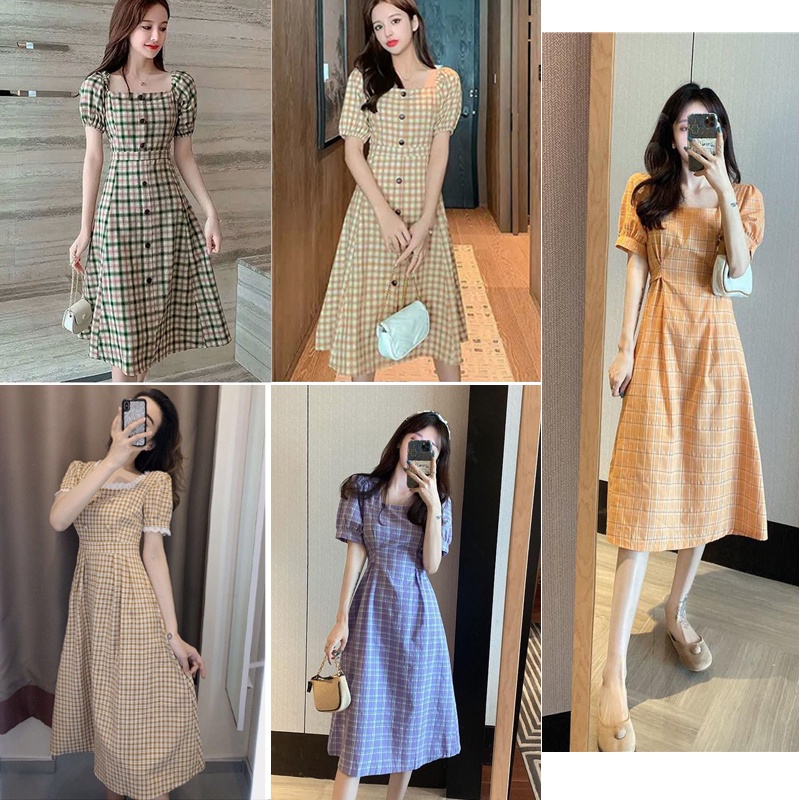 Đầm Midi Cổ Vuông Họa Tiết Sọc Caro Phong Cách Cổ Điển Thời Trang Mùa Hè Xinh Xắn Cho Nữ