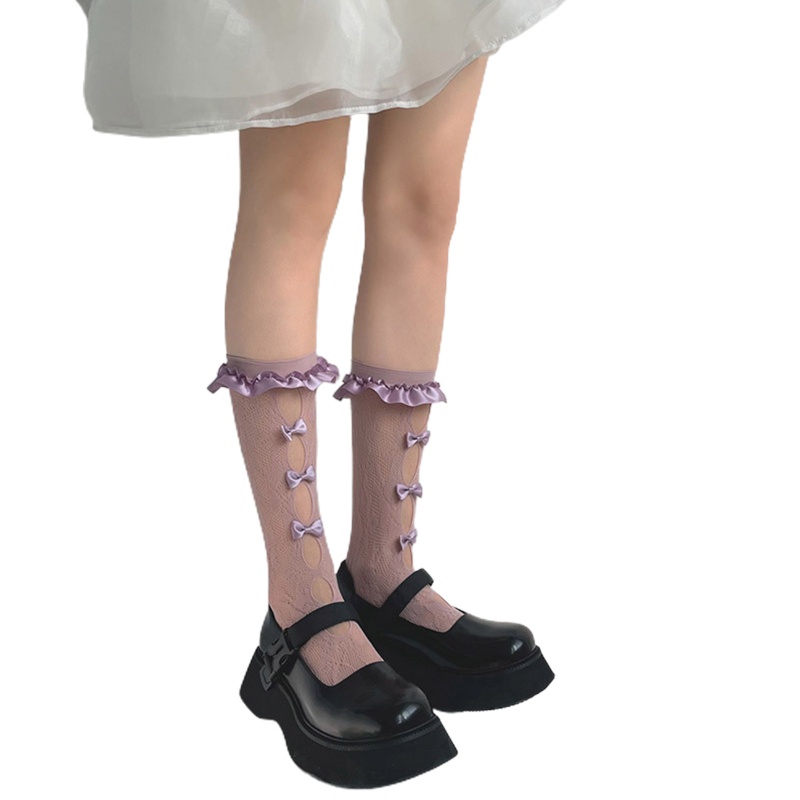 Tất Lửng Vải Satin Viền Ren Đính Nơ Phong Cách Lolita Hàn Quốc