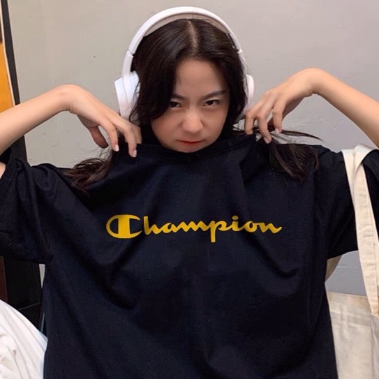Aó phông champion logo to, áo thun unisex basic, chất cotton thoáng mát form rộng, Dorystore.