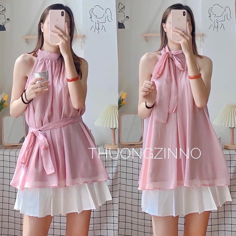 [Ảnh thật/Video]Áo sơ mi voan tơ cổ nơ mặc được hai kiểu Áo yếm mềm mại