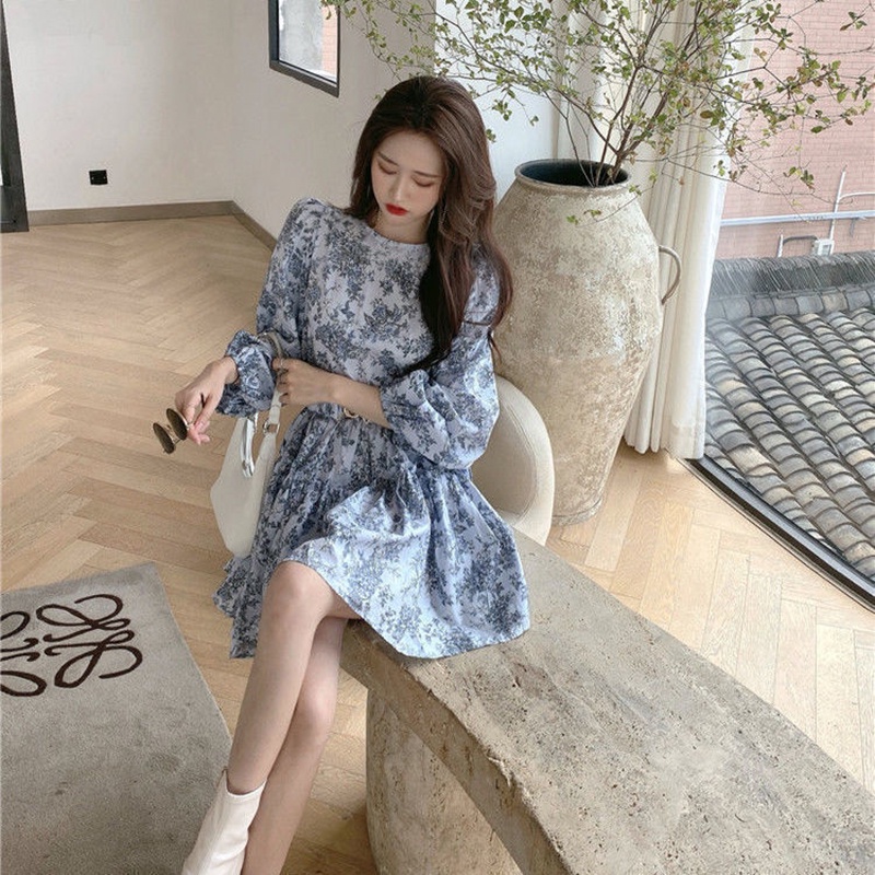 Đầm xòe IELGY tay dài cổ tròn in họa tiết thời trang thanh lịch cho nữ