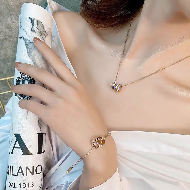 Dây chuyền thép titan mạ vàng hồng 18k đính đá zircon lấp lánh chống thấm nước không gây dị ứng cao cấp
