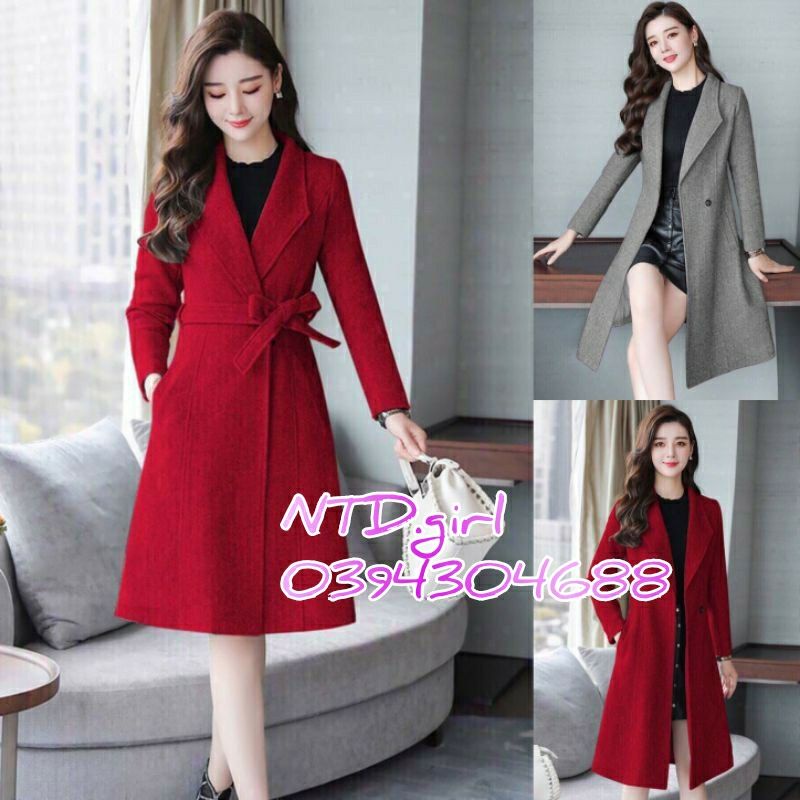 Hàng nhập - Áo khoác dạ lì nữ cổ vest cách điệu, áo manto thắt eo sang trọng