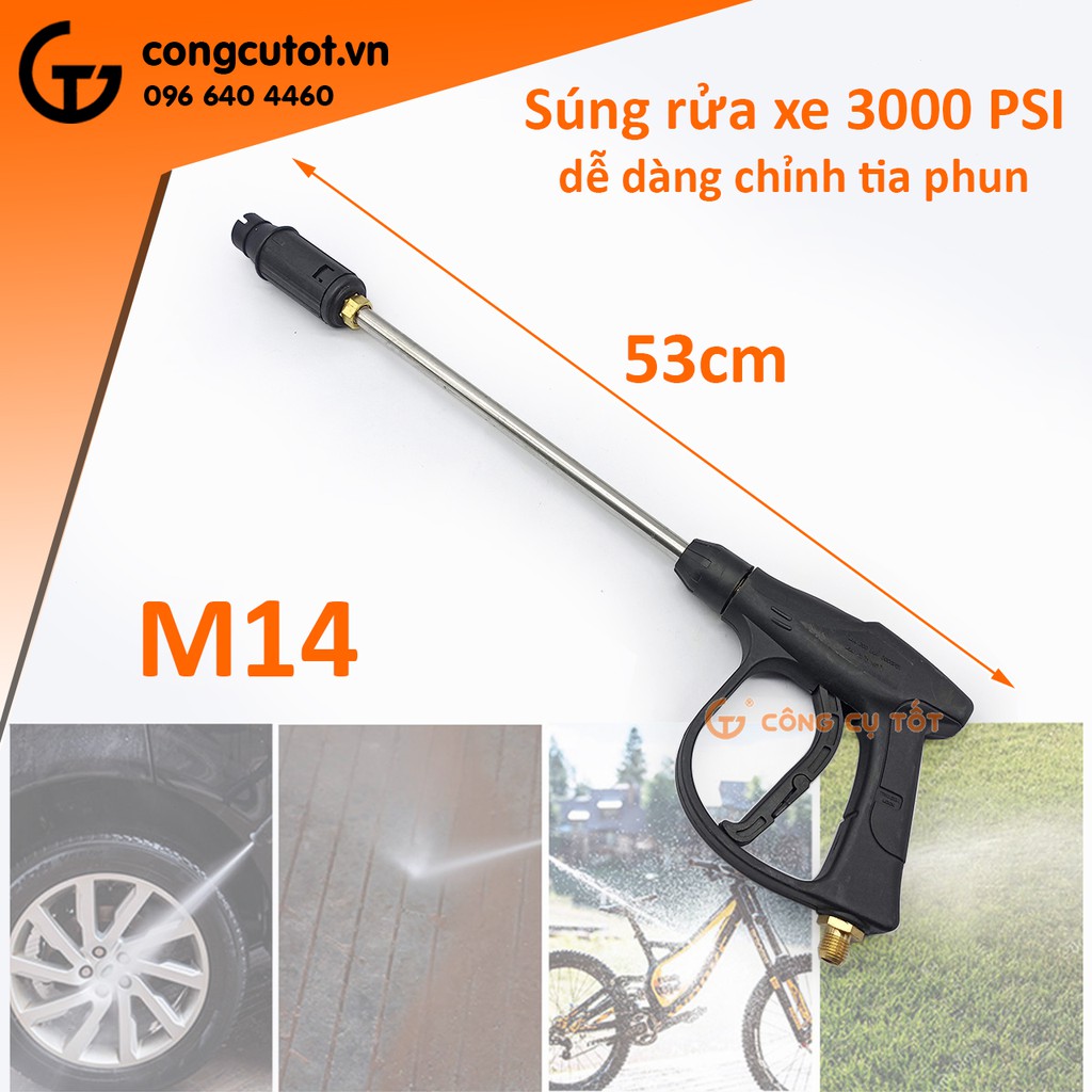 Súng rửa xe áp lực 3000psi mỏ vịt chỉnh tia dài 53cm ren ngoài nhỏ M14