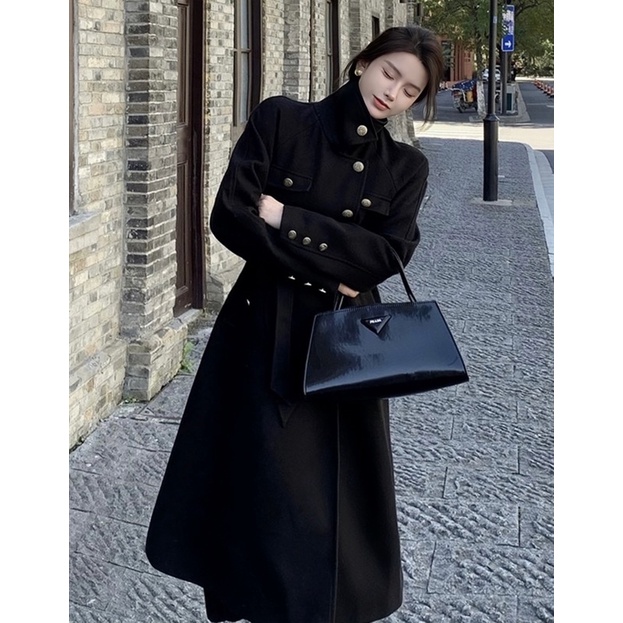 Áo khoác mangto dạ dáng dài YIMI màu đen thời trang