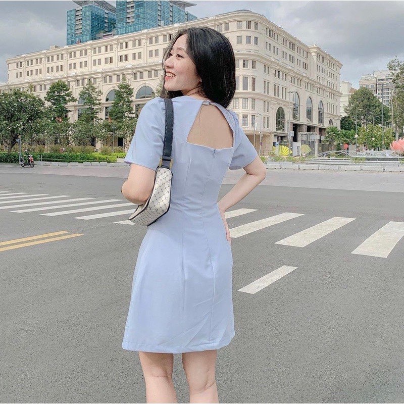 Váy khuy cúc bọc, đầm hở lưng dáng chữ A màu xanh cốm và xanh ngọc cho nữ